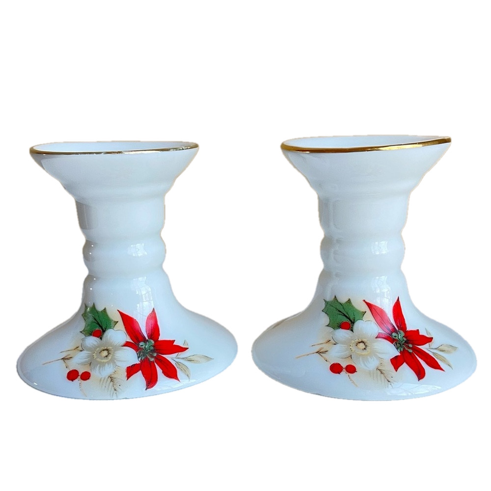 Christmas candlestick holders poinsettia and holly Vintage porcelain gold trim